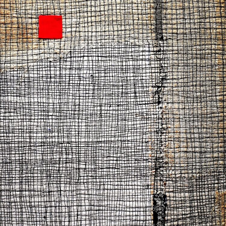 Patricia Kelly, Traces, 2022. 64cm x 64cm (25" x 25"). Recycled materials, cut-offs from previous works.