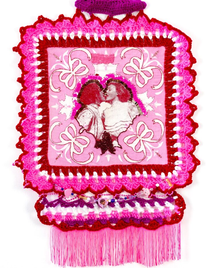 Hale Ekinci, Pinky Promise, 2022. 43cm x 66cm (17” x 26”). Screenprinting, embroidery, crochet, sewing, beading. Screenprint, embroidery floss, glass beads, thread, sequins, interfacing, yarn crochet on found handkerchief.
