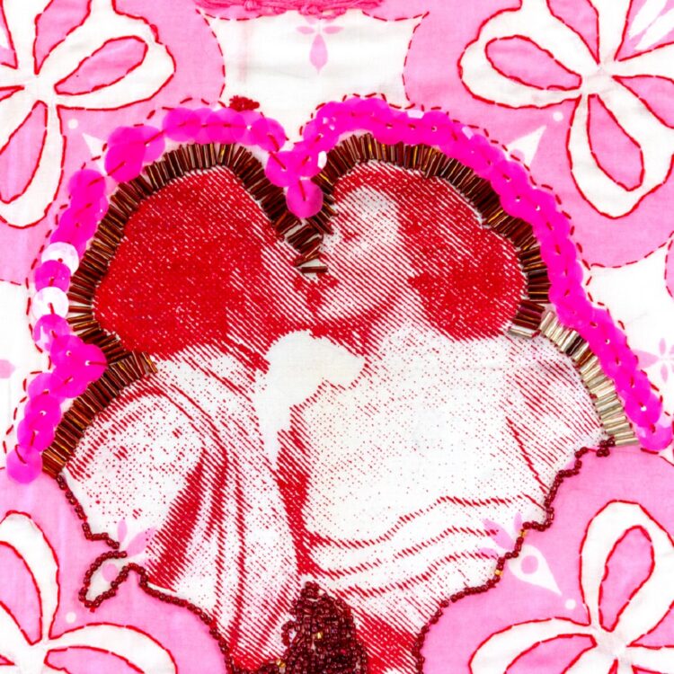 Hale Ekinci, Pinky Promise (detail), 2022. 43cm x 66cm (17” x 26”). Screenprinting, embroidery, crochet, sewing, beading. Screenprint, embroidery floss, glass beads, thread, sequins, interfacing, yarn crochet on found handkerchief.