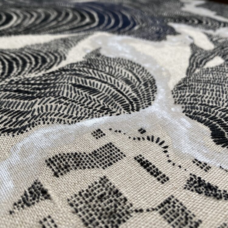 Meri Sawatzky, Information Landscape (detail), 2023. 51cm diameter (20"). Embroidery. Hoop, linen, paint, thread.