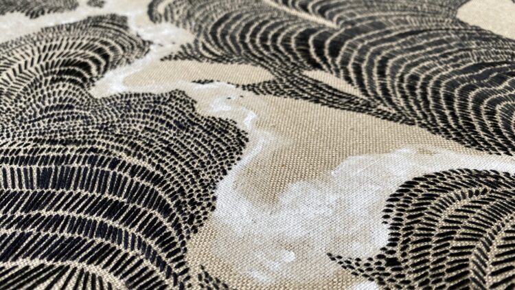 Meri Sawatzky, Information Landscape (detail), 2023. 51cm diameter (20"). Embroidery. Hoop, linen, paint, thread.