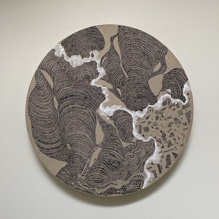 Meri Sawatzky, Information Landscape, 2023. 51cm diameter (20"). Embroidery. Hoop, linen, paint, thread.