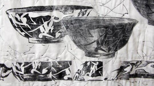 Joan Schulze, Not So Long Ago (detail), 2017. 119cm x 138cm (47" x 54.5"). Photocopy processes, silk. Machine stitching, quilting.