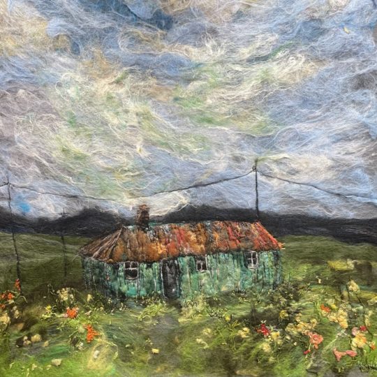 Moy Mackay, The Green Hut, Elphin, 2022. 70cm x 70cm (28" x 28"). Wet and needle felting, free motion stitching, hand stitch. Merino wool, silks, cotton, wool and other fibres.