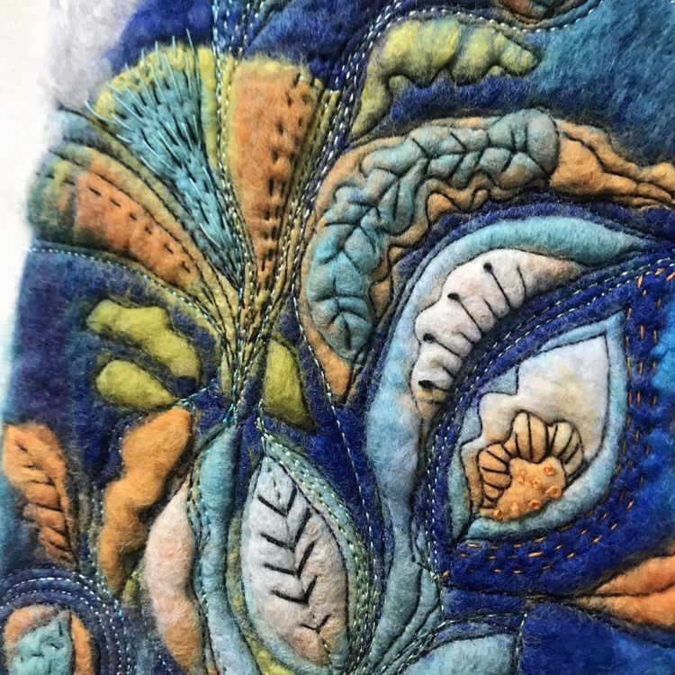 Jackie Cardy, Primavera (detail), 2020. 43cm x 29cm (17" x 11"). Wet felted wool with velvet appliqué, free machine embroidery, hand stitch. Wool, silk velvet, silk fibres.