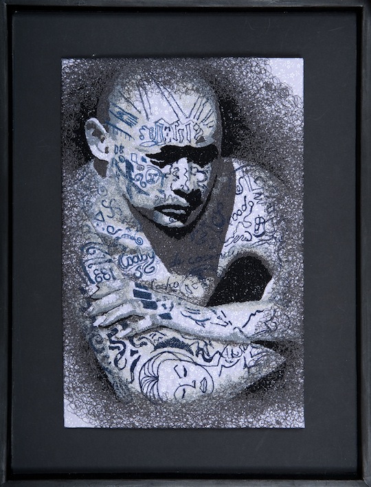 James Fox, Tattoo portrait, freehand machine embroidery, 30cm x 50cm