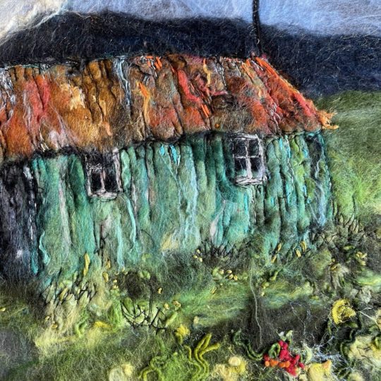 Moy Mackay, The Green Hut, Elphin (detail), 2022. 70cm x 70cm (28" x 28"). Wet and needle felting, free motion stitching, hand stitch. Merino wool, silks, cotton, wool and other fibres.