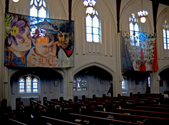 Theatrical and dramatic textile art - Luciana Stefano, Claudia by Jacqueline Treloar, being installed in the Kingston Road United Church – 2013, nylon acrylic painted panel, 9 x 14’.