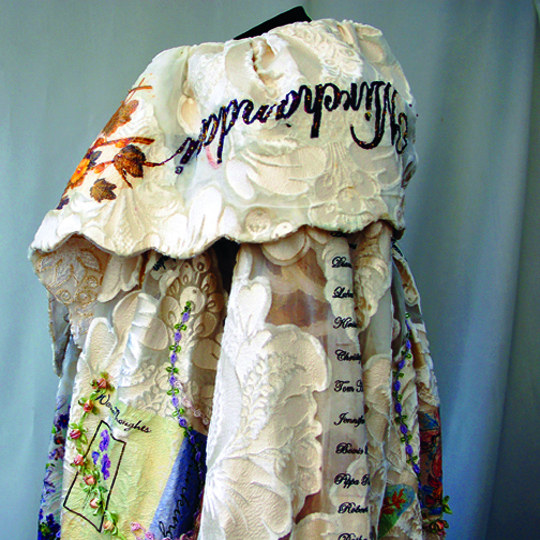 The Great Coat (Detail) - Jacqueline Treloar, 2011, collar and left side detail, 26 x 24”, The Great Coat and the White Cat, Artscape Triangle Gallery, Toronto, embellished embossed and beaded fabrics.