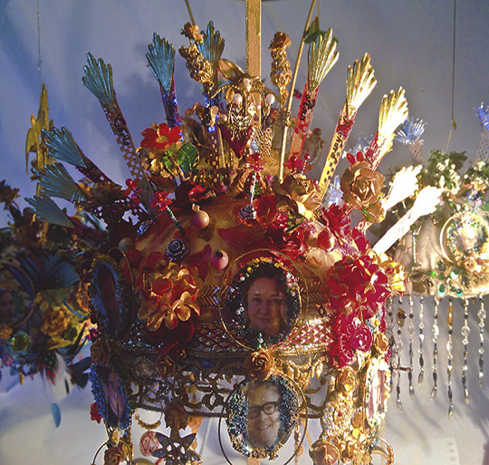Corona Adultus - Jacqueline Treloar, Coronae Reginae Caeli 1, 2013, 16 x 14”. The Gladstone Hotel Art Bar, fabric crown with trims, beading and assorted artificial flowers, birds and butterflies.