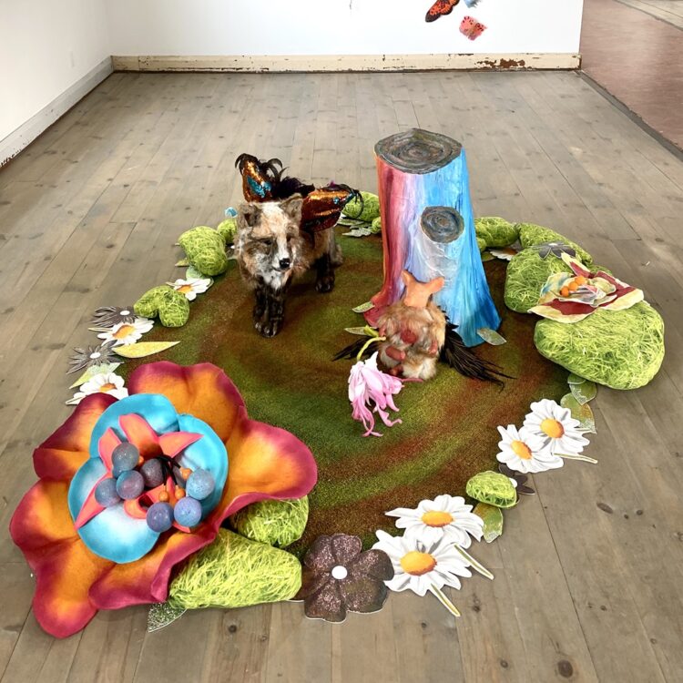 Leisa Rich, Safe Zone: Garden of Unearthly Delights Featuring Foxy and the Rainbow, 2023. 71cm x 147cm x 162cm (28" x 58" x 64"). Free motion embroidery, construction, heat forming, painting, sewing. Fosshape mouldable fabric, fabrics, thread, paint, dyes, plaster, wire, faux fur.