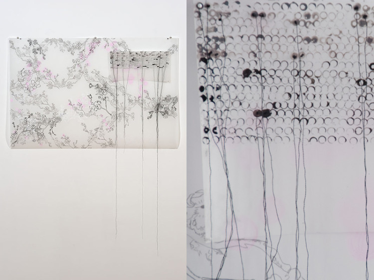 Lisa Solomon - 1000 sakura, 2013, Xerox transfer, graphite, charcoal, acrylic, colored pencil, embroidery, pins on Duralar, 28" x 43" x 2"