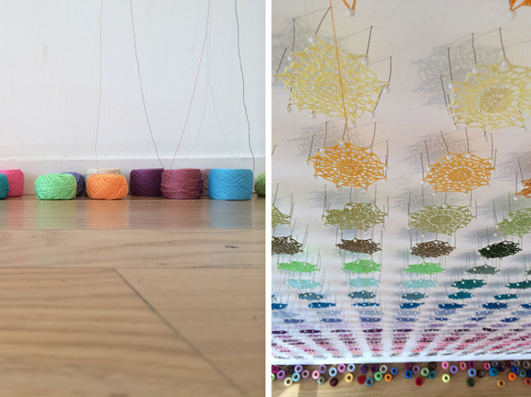 Lisa Soloman - Sen [1000 doilies - detail], 2013, crochet doilies, pins, thread balls, dimensions variable [this configuration 75” x 120”