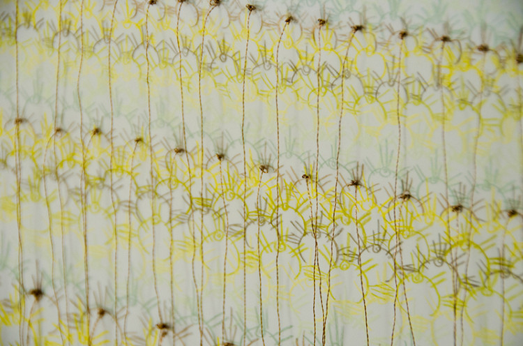 Lisa Solomon - Sanjusangendo crowns [gold] - detail, 2013, colored pencil and embroidery on Duralar, 28" x 28" [paper size]