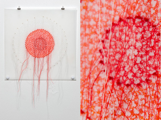 Lisa Solomon - Sanjusangendo crowns [red], 2013 acrylic, embroider on Duralar, 10" x 10"