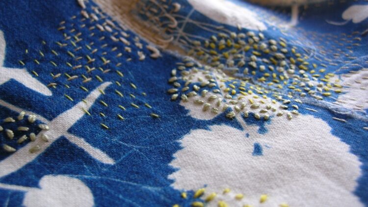 Hannah Lamb, In Search of Green (detail), 2013. Installation, dimensions vary. Cyanotype and hand embroidery. Cotton and silk.