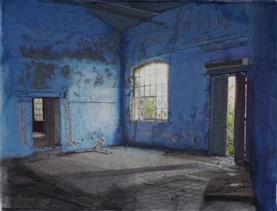 Adinka Tellegen : Blue Room    (St. Leger-les-Domart)   deserted factory in the north of France, 2017