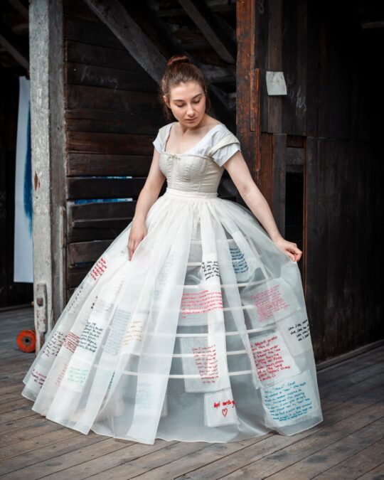 Hannah Lamb, Fragment of a Dress, 2022. 110cm x 150cm x 110cm (3½ft x 5ft x 3½ft). Hand embroidery and garment construction techniques. Silk organza and thread. Photo Proud Fox, 2023
