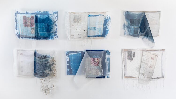 Hannah Lamb, Incomplete Histories, 2021. 165cm x 90cm x 5cm (5½ft x 36" x 2").
Cyanotype, digital print, machine stitch, fabric manipulation. Cotton, silk and mixed fibre fabrics. Photo: Proud Fox