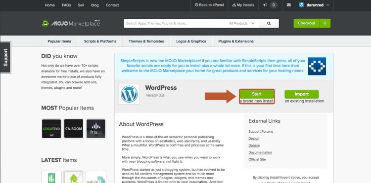 The Mojo Marketplave is where you'll install WordPress to your live artist website