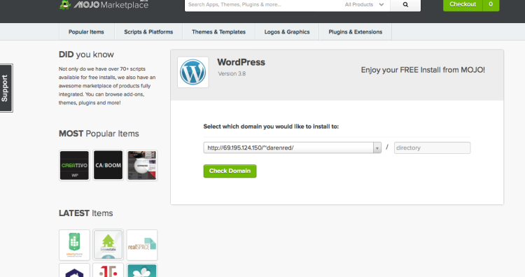 Select the name of the website you want to upload WordPress to