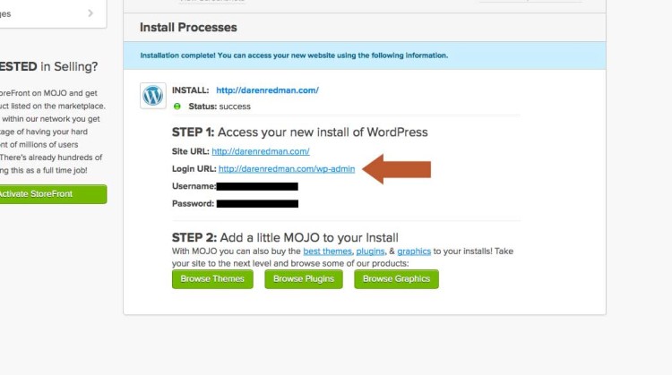 The installation of WordPress on your site is now complete