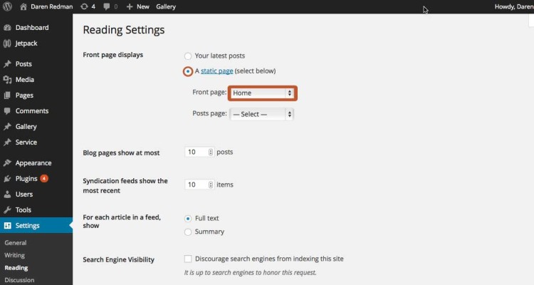 Allocating a front page in WordPress settings