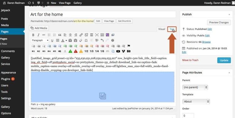 Switch to text view to edit the shortcode for Justified Image Grid plugin