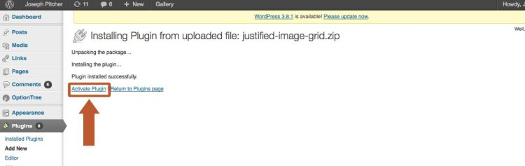 Activate the gallery plugin so you can use it on your WordPress portfolio site