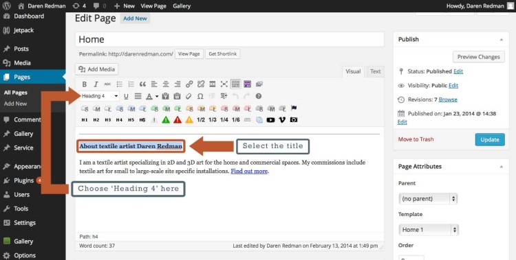 Choose the heading setting for the page title or headline text