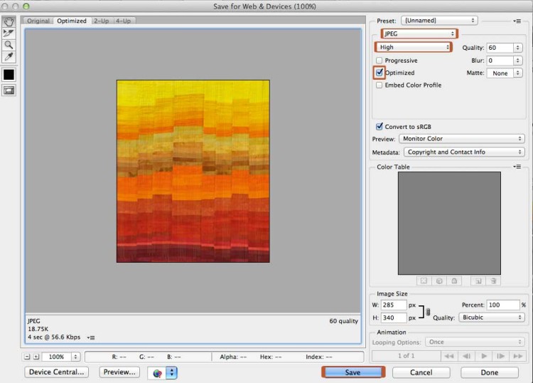 Make sure the settings you choose optimise the image for displaying well on the internet
