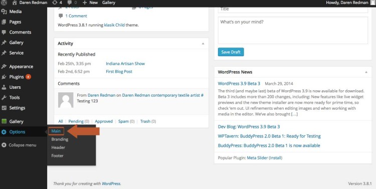 Go to the main styling options for the Klasik theme in WordPress
