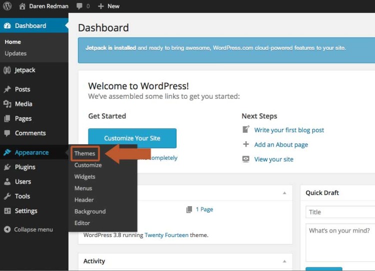 In your WordPress admin area or dashboard click on Appearance>Themes