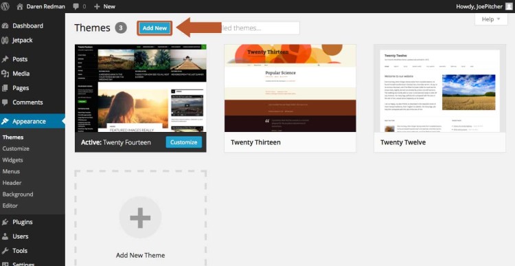 Click 'Add New' in the themes area of WordPress