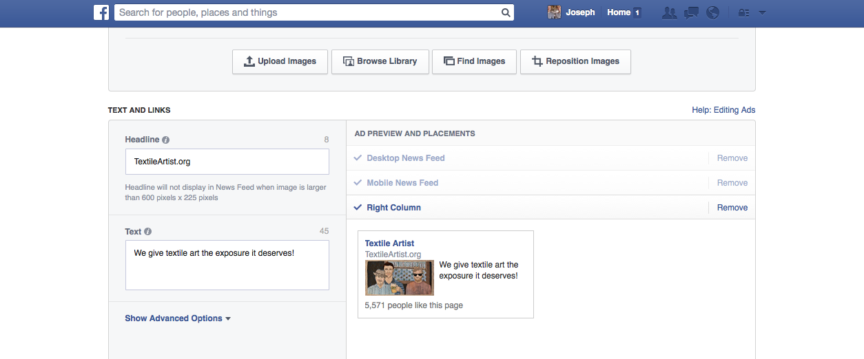 Remove the right side bar option from the Facebook advert