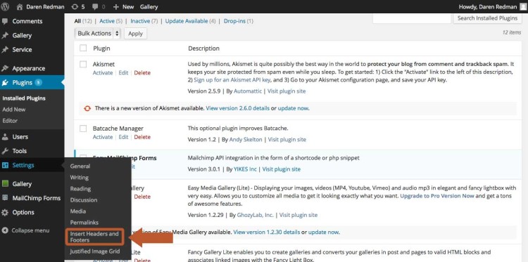 Go to the settings for Insert header and footer