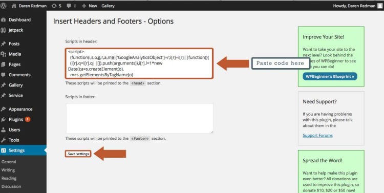 Paste the Google analytics code into your site's header