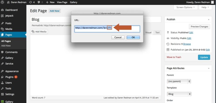 Select the page ID of the blog post