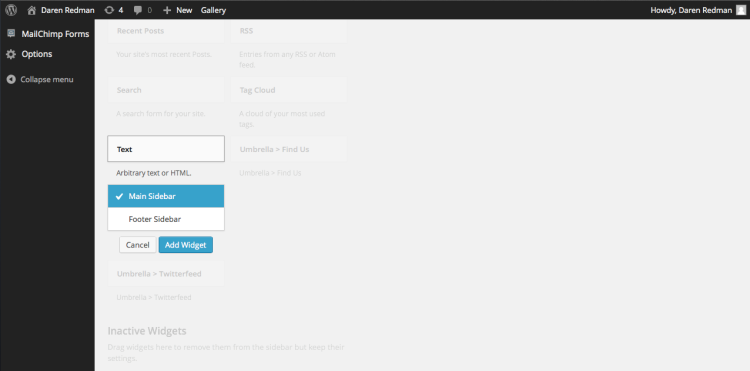 Choose which sidebar you want to add widgets to