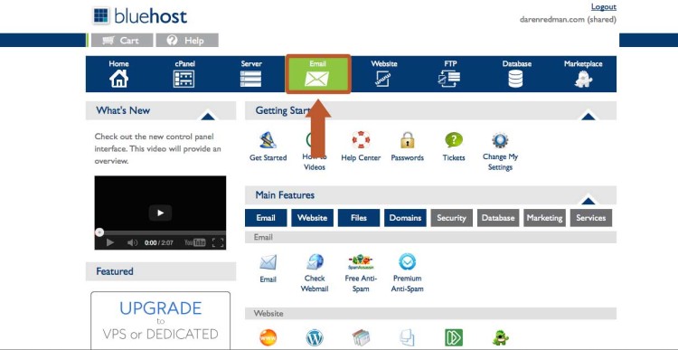 In your Bluehost dashboard click on Email