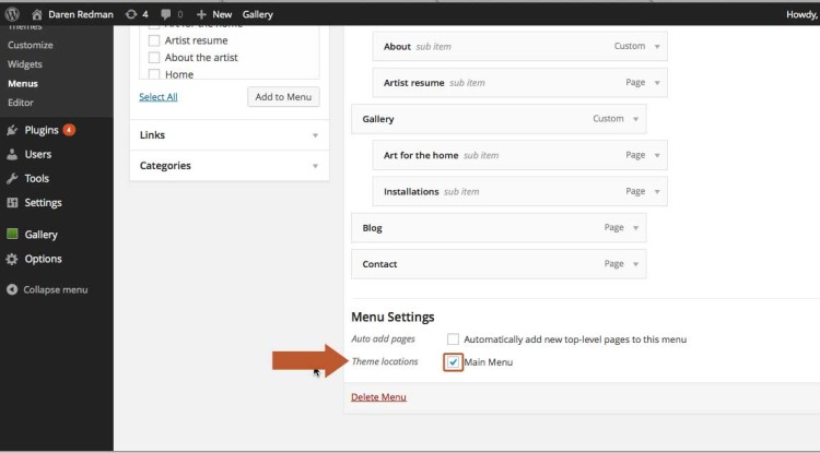 Select where you'd like the menu to appear on your live portfolio WordPress site