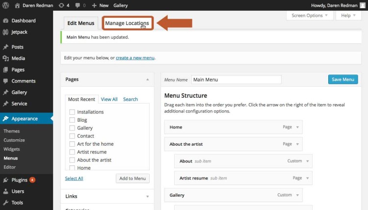 Manage locations of the newly created WordPress menu