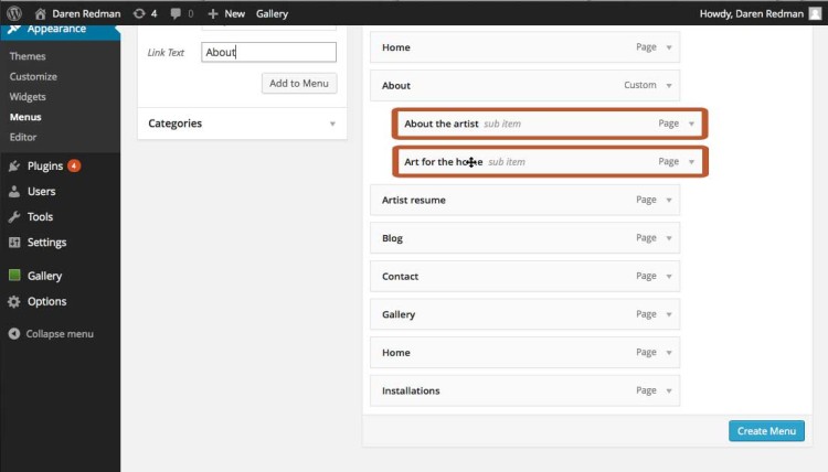 Create sub-menu items or child menu items