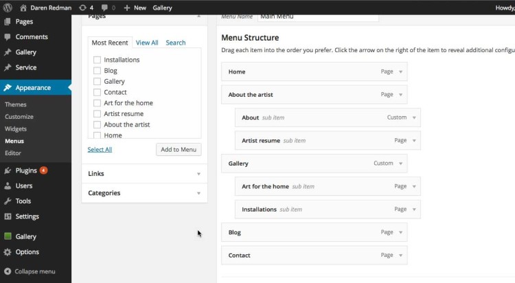 The custom menu is WordPress