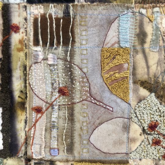 Kim McCormack, Leaves on a Puddle with Reflections, (detail), 2021. 45cm x 45cm (18" x 18"). Hand stitch and collage. Hand-dyed botanical fabrics.