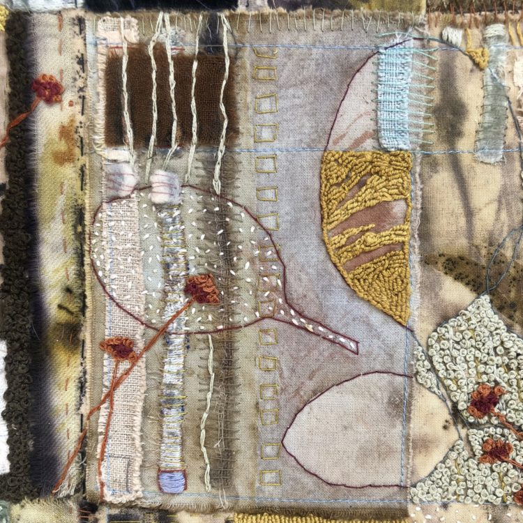 Kim McCormack, Leaves on a Puddle with Reflections, (detail), 2021. 45cm x 45cm (18" x 18"). Hand stitch and collage. Hand-dyed botanical fabrics. 