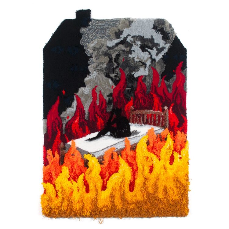Molly Kent, Nightmares, 2023. 89cm x 62cm (35" x 24.5"). Rug tufting. Mixed fibre, polyester fabric, synthetic glue.
