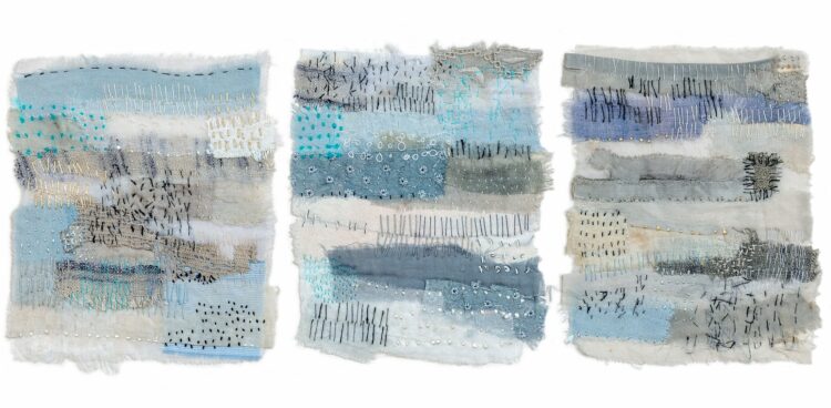 Shelley Rhodes, Fabric Collages, 2020. 10cm x 15cm each (4" x 6"). Scraps of fabric collaged and stitched together. Fabric and thread. Photo: Michael Wicks, Batsford.