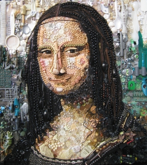 Jane Perkins - A reinterpretation of Mona Lisa made with found plastic objects using textile collage techniques