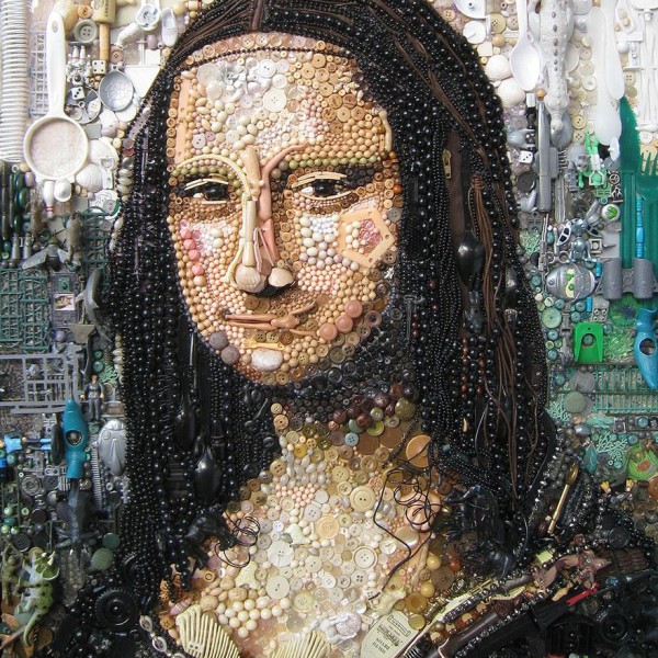 Jane Perkins - A reinterpretation of Mona Lisa using textile collage techniques and found plastic objects